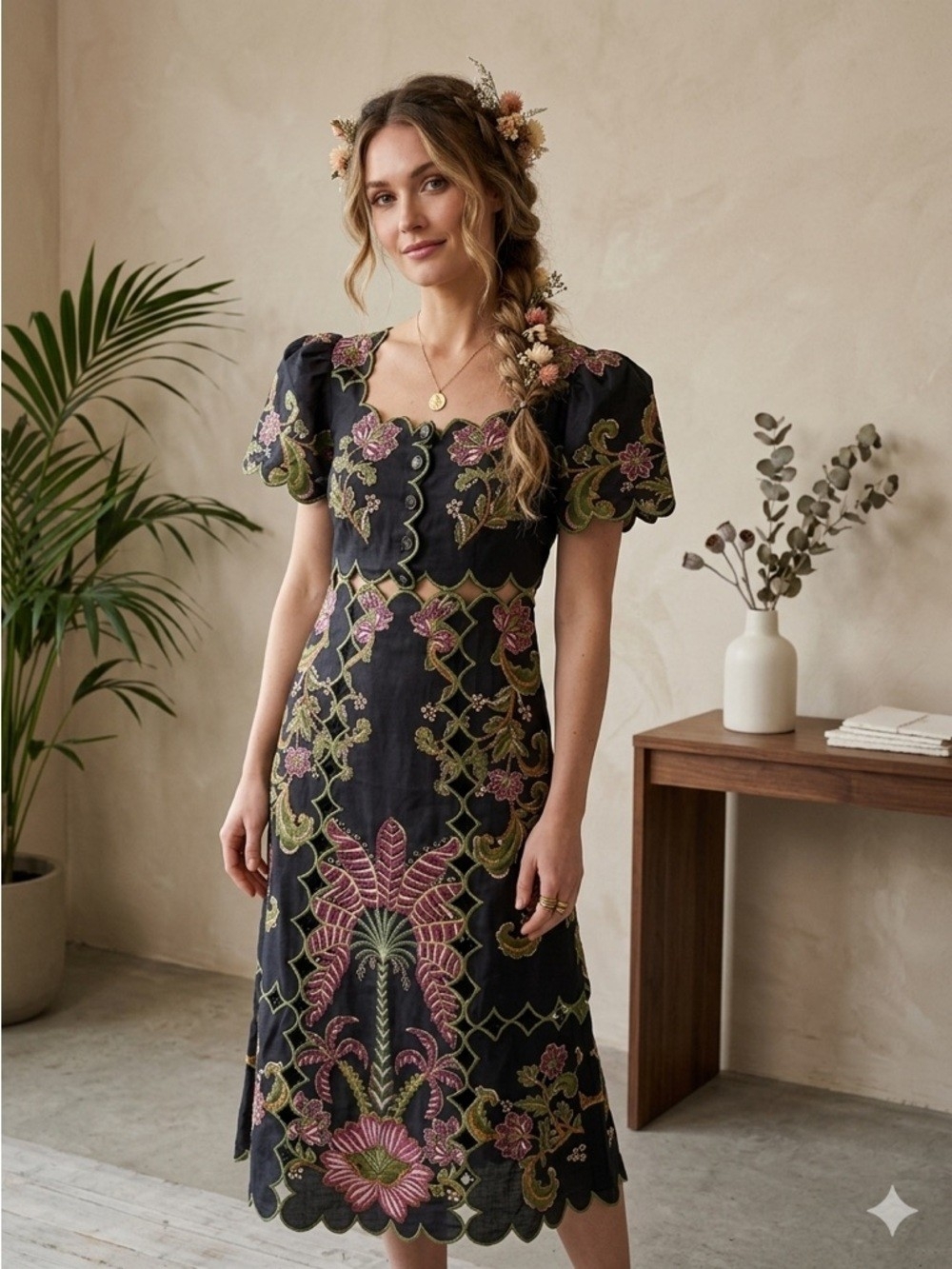 FARM Rio Ravenala Black Midi Dress with Scalloped Trim M NWT STUNNING!!!